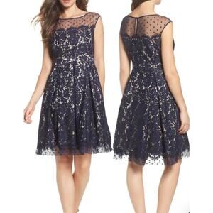 Eliza J Illusion Yoke Lace Fit & Flare Black Cocktail Women's Dress Size 14